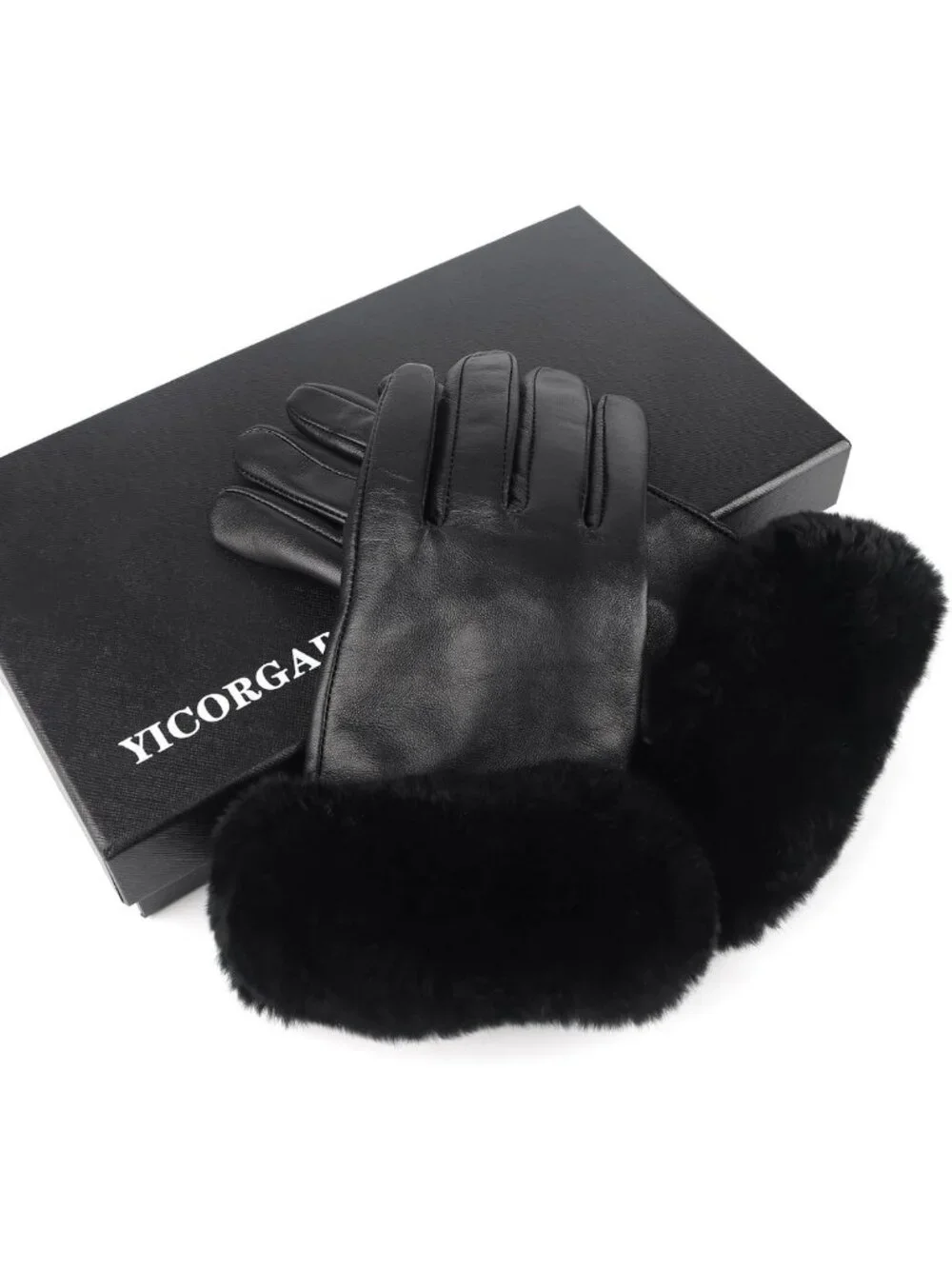 Warm Winter Leather Gloves for Women | Touchscreen, Rabbit Fur Cuff, Black